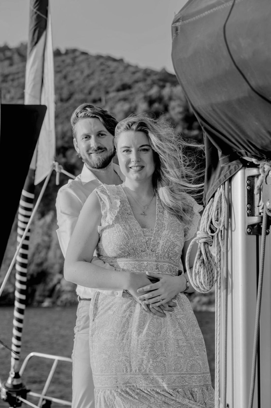 An embrace among the rigging, in black and white